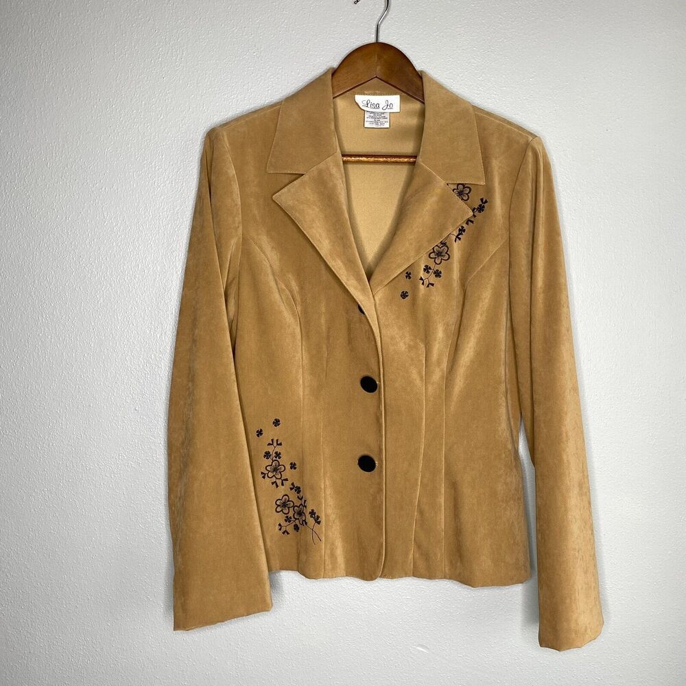 Lisa Jo Women's 14 Tan Black Floral Embroidered Faux Suede Lightweight Blazer